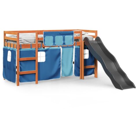 Single Bed，Children's bed，Kids' Loft Bed with Curtains Blue 80x200 cm Solid Wood Pine VSVS910501