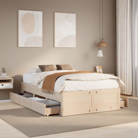 Double bed，Adult bed，Bed Frame without Mattress with Drawers 135x190 cm Double Solid Wood Pine VSVS378305