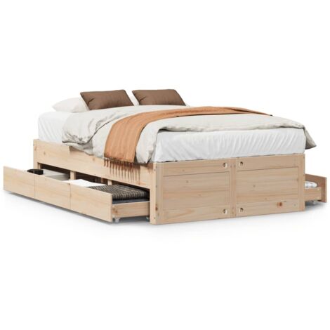 Double bed，Adult bed，Bed Frame without Mattress with Drawers 135x190 cm Double Solid Wood Pine VSVS378305