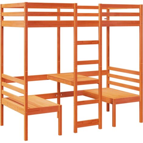 Single Bed，Adult bed，Loft Bed Frame with Desk and Chairs Wax Brown 80x200cm Solid Wood Pine VSVS757820