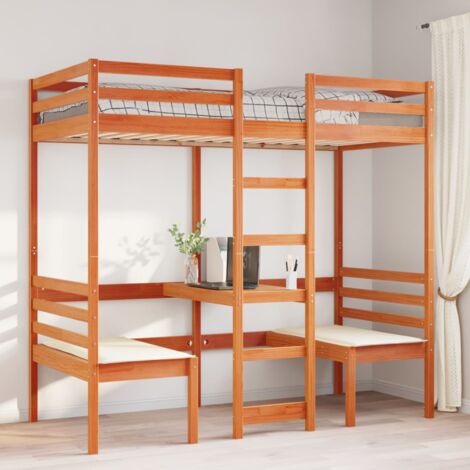 Single Bed，Adult bed，Loft Bed Frame with Desk and Chairs Wax Brown 80x200cm Solid Wood Pine VSVS757820