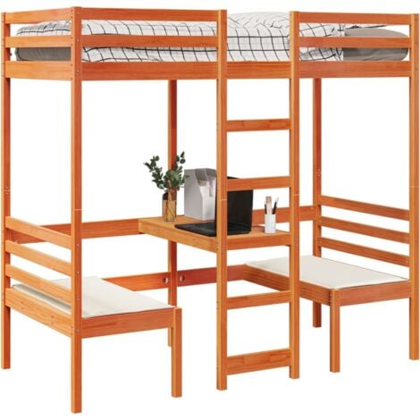 Single Bed，Adult bed，Loft Bed Frame with Desk and Chairs Wax Brown 80x200cm Solid Wood Pine VSVS757820
