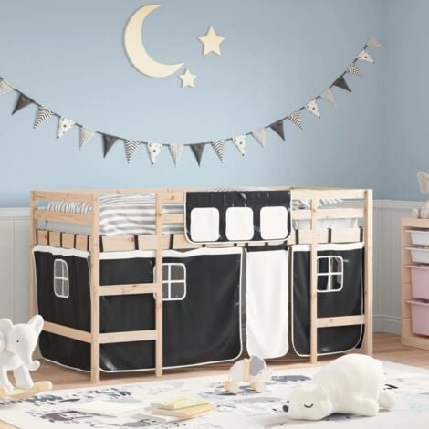 Single Bed，Children's bed，Kids' Loft Bed with Curtains without Mattress White&Black 90x200cm VSVS592568