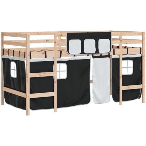 Single Bed，Children's bed，Kids' Loft Bed with Curtains without Mattress White&Black 90x200cm VSVS592568
