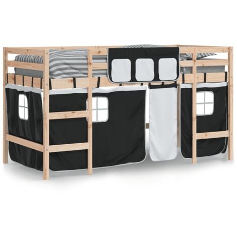 Single Bed，Children's bed，Kids' Loft Bed with Curtains without Mattress White&Black 90x200cm VSVS592568