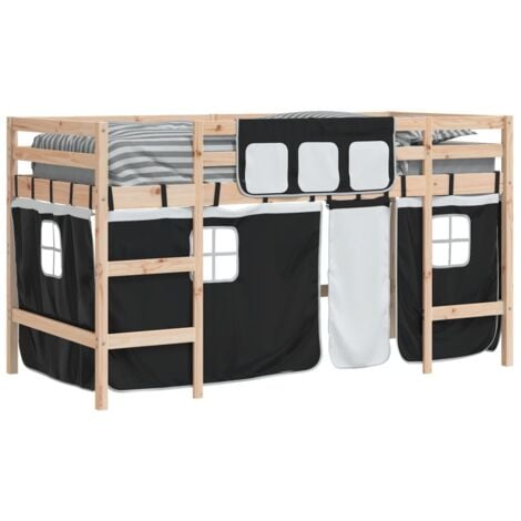 Single Bed，Children's bed，Kids' Loft Bed with Curtains without Mattress White&Black 90x200cm VSVS592568