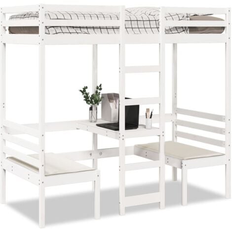 Single Bed，Adult bed，Loft Bed Frame with Desk and Chairs White 90x190cm Solid Wood Pine VSVS516266