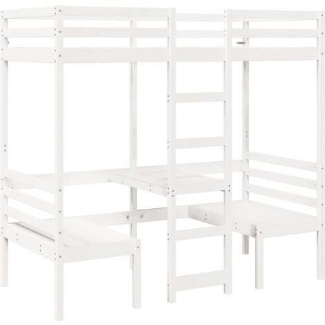 Single Bed，Adult bed，Loft Bed Frame with Desk and Chairs White 90x190cm Solid Wood Pine VSVS516266
