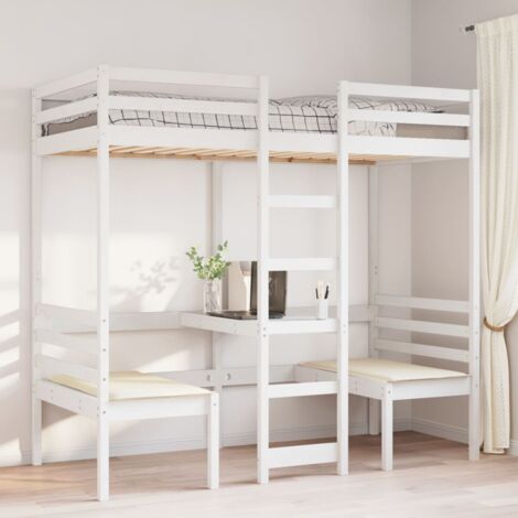 Single Bed，Adult bed，Loft Bed Frame with Desk and Chairs White 90x190cm Solid Wood Pine VSVS516266