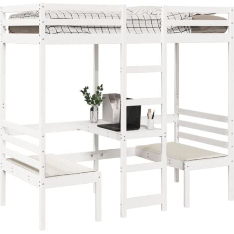 Single Bed，Adult bed，Loft Bed Frame with Desk and Chairs White 90x190cm Solid Wood Pine VSVS516266