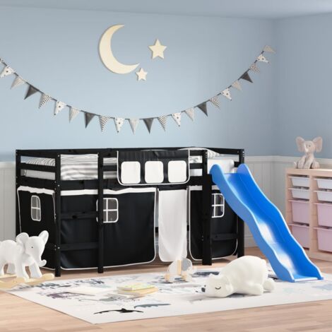Single Bed，Children's bed，Kids' Loft Bed with Curtains without Mattress White&Black 90x190cm VSVS125110