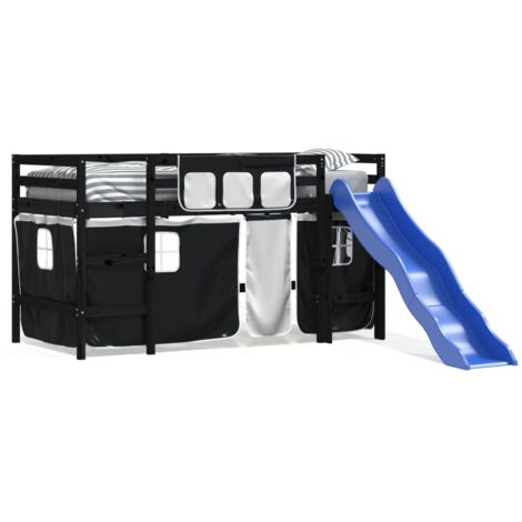 Single Bed，Children's bed，Kids' Loft Bed with Curtains without Mattress White&Black 90x190cm VSVS125110