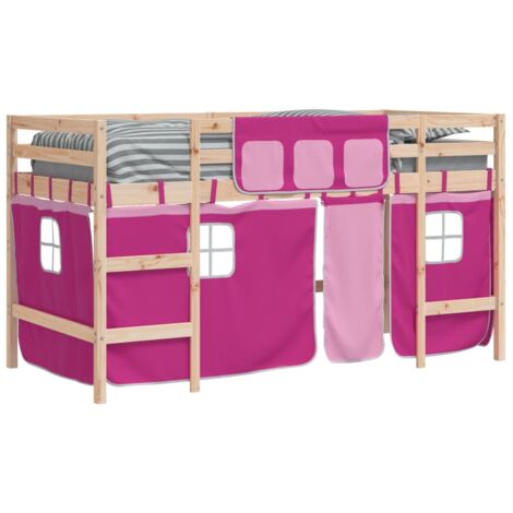 Single Bed，Children's bed，Kids' Loft Bed with Curtains without Mattress Pink 90x190cm VSVS470342