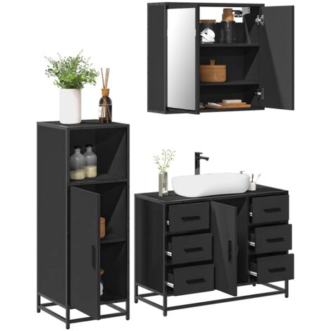3 Piece Bathroom Furniture Set，Bathroom Cabinet Set Black Engineered ...
