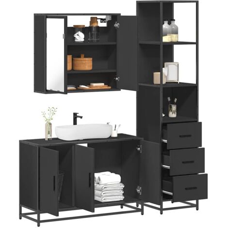 3 Piece Bathroom Furniture Set，Bathroom Cabinet Set Black Engineered ...