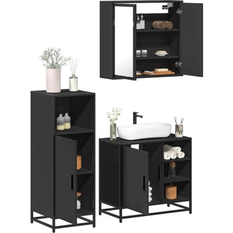 3 Piece Bathroom Furniture Set，Bathroom Cabinet Set Black Engineered ...