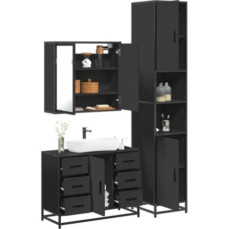 3 Piece Bathroom Furniture Set，Bathroom Cabinet Set Black Engineered ...