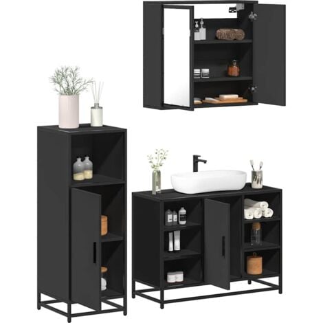 3 Piece Bathroom Furniture Set，Bathroom Cabinet Set Black Engineered Wood VSVS714824