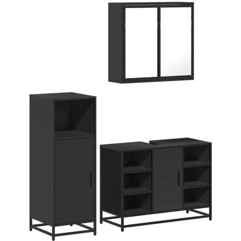3 Piece Bathroom Furniture Set，Bathroom Cabinet Set Black Engineered Wood VSVS714824