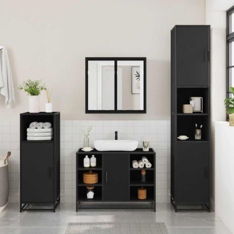 3 Piece Bathroom Furniture Set，Bathroom Cabinet Set Black Engineered Wood VSVS714824