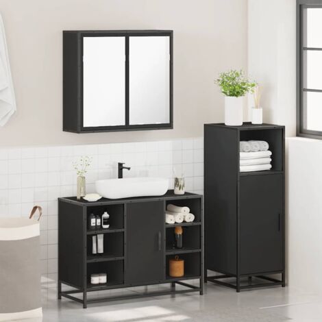 3 Piece Bathroom Furniture Set，Bathroom Cabinet Set Black Engineered Wood VSVS714824