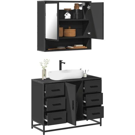 2 Piece Bathroom Furniture Set，Bathroom Cabinet Set Black Engineered ...