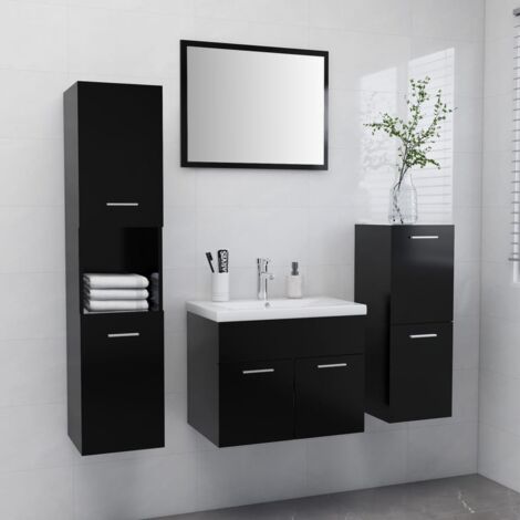Bathroom Furniture Set，Bathroom Cabinet Set Black Engineered Wood ...