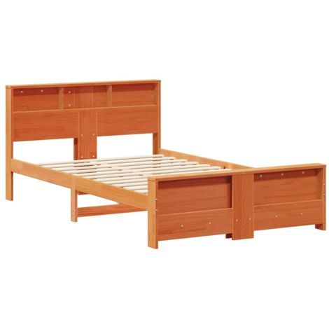 Double bed，Bed Frame with Headboard Wax brown 135 x 190 cm Solid pine ...