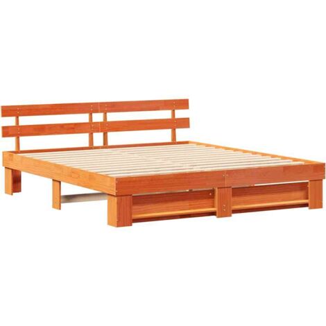 Double bed，Bed Frame with Headboard Brown 200 x 200 cm Solid pine wood ...