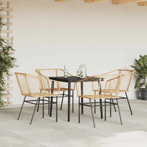 5 Piece Garden Dining Set，Outdoor Dining Set Brown Poly Rattan Glass ...