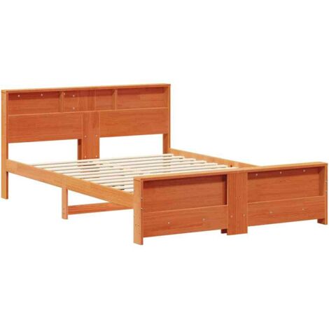 Double bed，Bed Frame with Headboard Wax brown 160 x 200 cm Solid pine ...