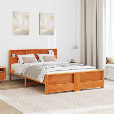 Double bed，Bed Frame with Headboard Wax brown 160 x 200 cm Solid pine ...