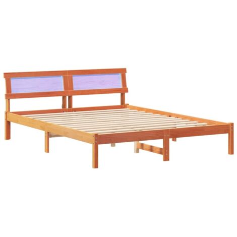 Double bed，Bed Frame with Headboard Wax brown 160 x 200 cm Solid pine ...