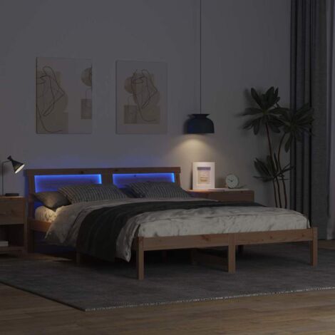 Double bed，Bed Frame with Headboard Brown 140 x 200 cm Solid pine wood ...
