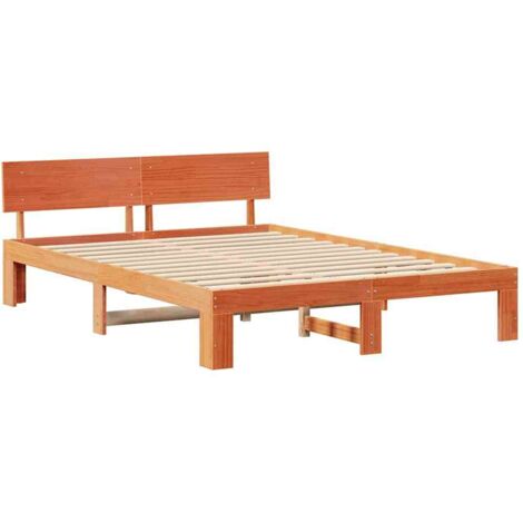 Double bed，Bed Frame with Headboard Brown 140 x 200 cm Solid Pine wood ...