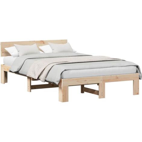Double bed，Bed Frame with Headboard Brown 135 x 190 cm Solid Pine wood ...