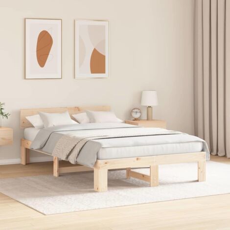 Double bed，Bed Frame with Headboard Brown 135 x 190 cm Solid Pine wood ...