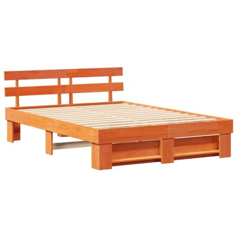 Double bed，Bed Frame with Headboard Wax brown 160 x 200 cm Solid pine ...