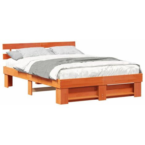 Double bed，Bed Frame with Headboard Wax brown 160 x 200 cm Solid pine ...
