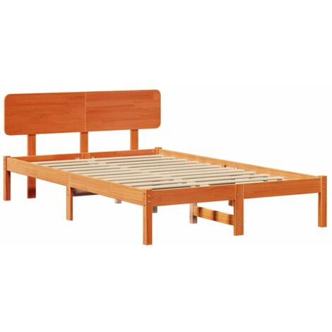 Double bed，Bed Frame with Headboard Wax Brown 135 x 190 cm Solid Pine ...