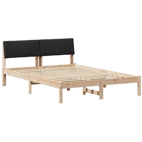 Double bed，Bed frame Brown and black 135 x 190 cm Solid pine wood ...