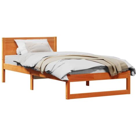 Single bed，Bed Frame with Headboard Brown 90 x 200 cm Solid Pine wood ...