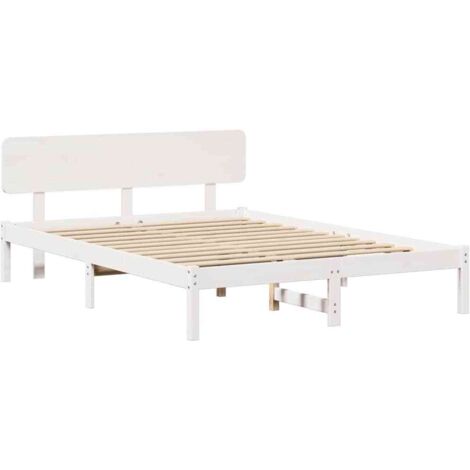 Double bed，Bed Frame with Headboard White 140 x 200 cm Solid Pine Wood ...
