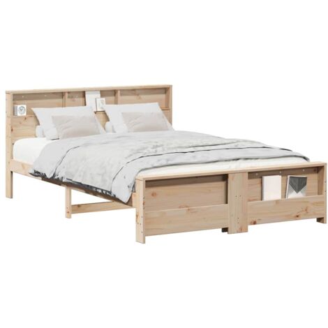 Double bed，Bed Frame with Headboard Brown 140 x 200 cm Solid pine wood ...