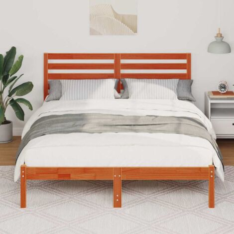 Double bed，Bed Frame with Headboard Wax brown 140 x 190 cm Solid pine ...
