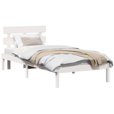 Single bed，Bed Frame with Headboard White 90 x 190 cm Solid Pine wood ...