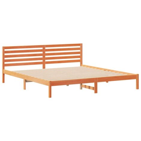Double bed，Bed Frame with Headboard Wax brown 180 x 220 cm Solid pine ...