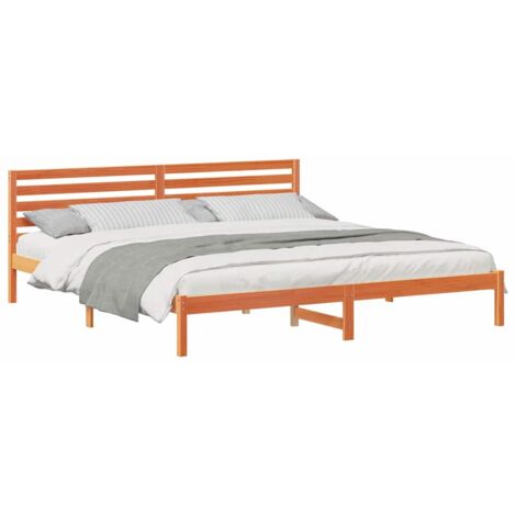 Double bed，Bed Frame with Headboard Wax brown 180 x 220 cm Solid pine ...