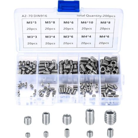 200 Pièces Vis Sans Tête en Acier Inox, M3 M4 M5 M6 M8 Vis à Métaux, Assortiment Kit de Fixations Vis Pointeau