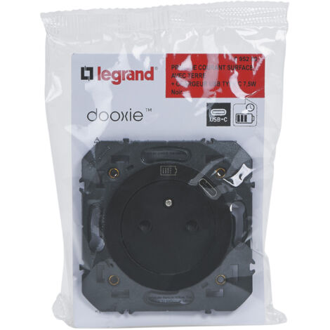 Legrand – Prise de courant surface 2P+T avec chargeur USB Type-C – Finition noire – Installation murale – Charge rapide pour appareils mobiles